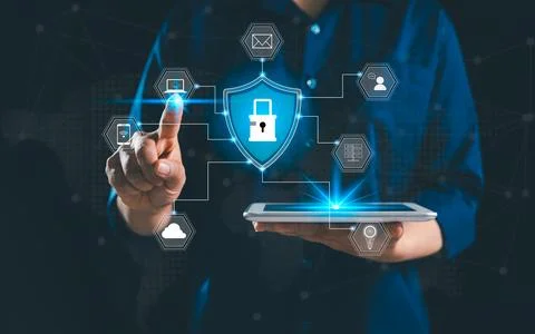 Interacts virtual interface featuring padlock icon, concept of data protect.. Foto stock