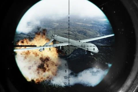 Intercepted drone destroyed by explosion after air defense guidance Stock Photos