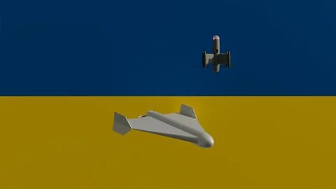 An interceptor drone and a combat drone against the backdrop of the Ukrainian Stock Photos