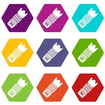 Interchangeable lens for camera icon set color hexahedron Stock Illustration