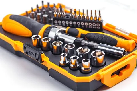 Interchangeable screwdriver set with different types of metal steel heads and Stock Photos