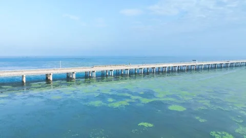 Intercity Light Rail Train Crossing A Long Bridge Over A Calm Lake Vídeo Stock 347056778