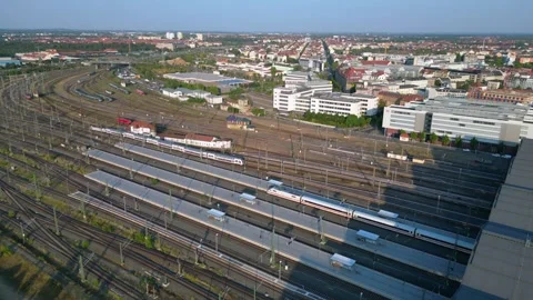 Intercity train on Railroad tracks to leipzig Main station in germany, Stock Footage 284297745