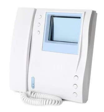 Intercom base station with handset isolated on white Foto stock