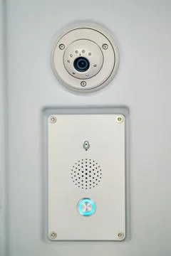 Intercom for passengers with train driver and CCTV camera. Security camera .. Stock Photos