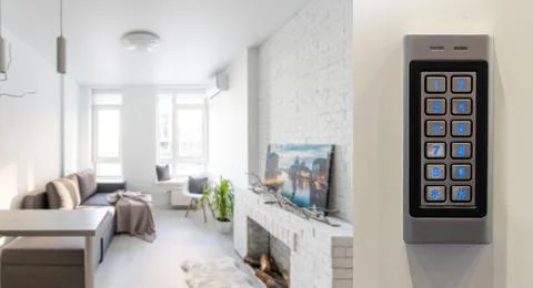 Intercom system with keypad, camera and speaker system at the entrance to Stock Photos