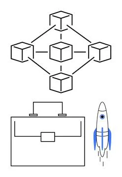 Interconnected blockchain cubes, a briefcase symbolizing business, and a rock Illustrazione stock