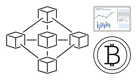 Interconnected blockchain nodes, Bitcoin symbol, and financial data chart dis Stock Illustration
