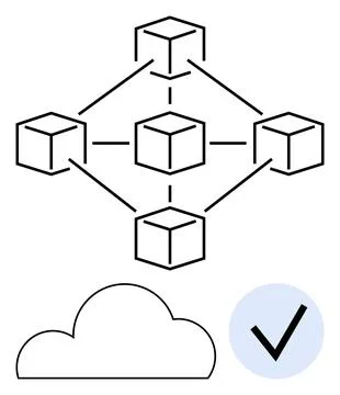 Interconnected cubes form a network structure beside a cloud storage icon and Illustrazione stock