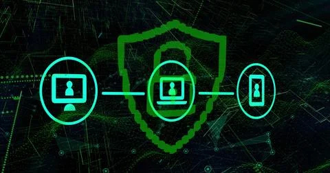 Interconnected devices with shield icon, emphasizing digital security and Stock Photos