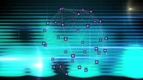 Interconnected digital cluster animating data flow over teal blue gradient with Stock Footage 309286507