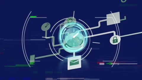 Interconnected digital communication and security icons on blue background Stock Footage 303528613