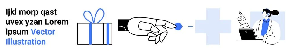 Interconnected Elements Gift Box, Hand, Medical Cross, Doctor with Laptop Stock Illustration