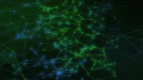 Interconnected green and blue nodes pulse across a deep background while fi.. 스톡 동영상 347290071