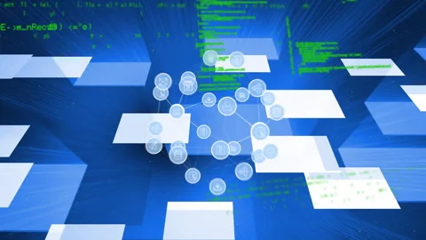 Interconnected icons and data processing animation over blue digital background Stock Footage 303616298
