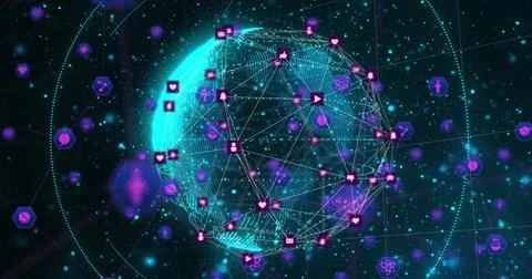 Interconnected icons glowing over globe in digital network image design Stockillustratie