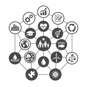 Interconnected icons representing global sustainability, economic growth, s.. Stock Illustration