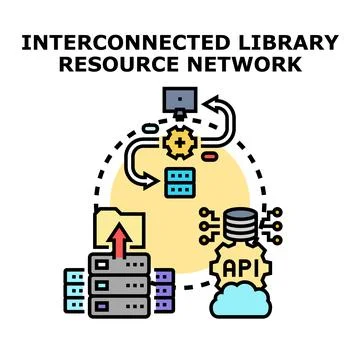 Interconnected library resource network system concept diagram Stock Illustration
