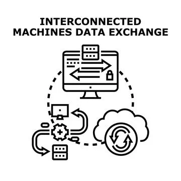 Interconnected machines exchanging data with cloud security Illustrazione stock