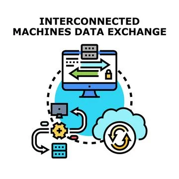 Interconnected machines exchanging data with cloud security Stock Illustration