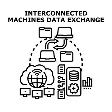 Interconnected machines exchanging data using global net Ilustração Stock