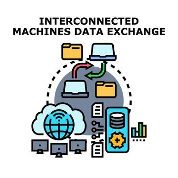 Interconnected machines exchanging data using global net Stock Illustration