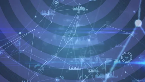 Interconnected network nodes showing flat design data interface with bar charts Stock Footage 309286216