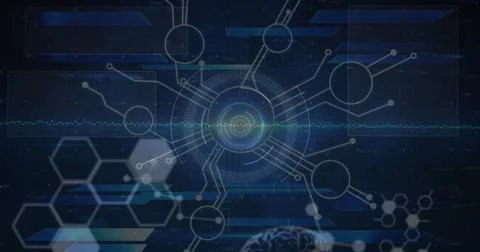 Interconnected nodes and hexagonal patterns forming futuristic digital interface Stock Photos