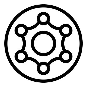 Interconnected nodes within a circular hub symbolize global communication and Stock Illustration