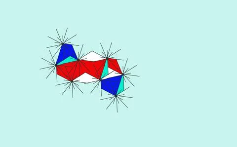 Interconnected polyhedra with radiating black lines on cyan background Stock Illustration