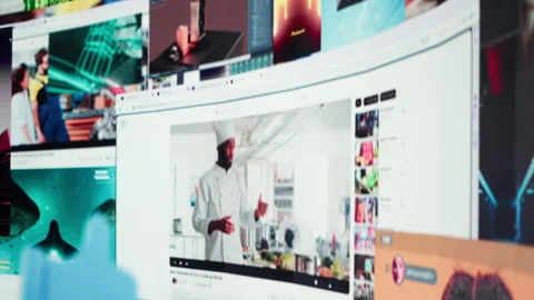 Interconnected screens collage showing modern social media feed clips Stock Footage 311898297