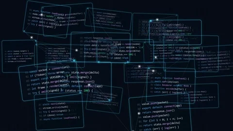 Interconnected software code windows linked through a digital network Видео 344031347