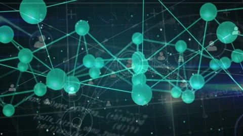 Interconnected teal node network shifting and expanding as camera pulls back to Video stock 328417221