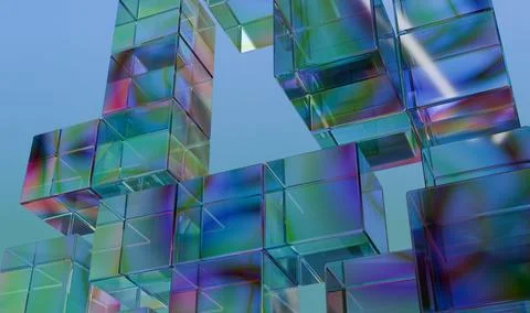 Interconnected translucent cubes form an iridescent geometric structure, re.. Stock Illustration