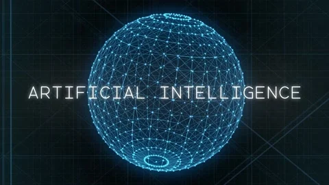 Interconnected web of blue particles that create an AI sphere with Video stock 253469850