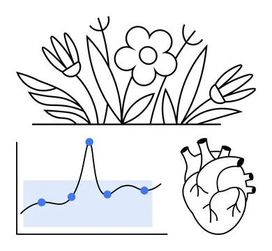 Interconnection of Nature, Science, and Human Anatomy in Bold Line Art Stock Illustration