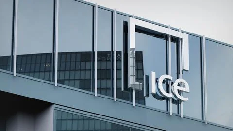 Intercontinental Exchange Stock data presented on the logo of the office facade Stock Photos