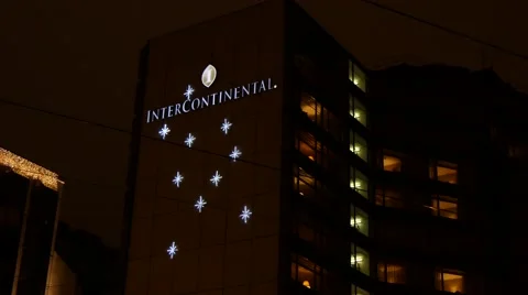 Intercontinental hotel in Budapest at the river Danube taken by night, 4K Video stock 44609624