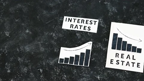 Interest rates text and graph showing cost of financing going up next real es Stock Footage 203924439