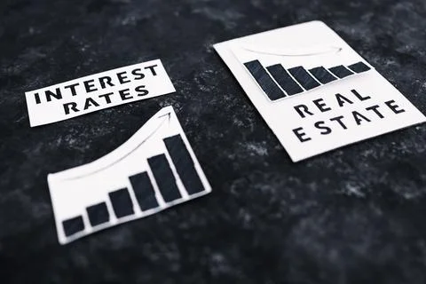 Interest rates text and graph showing cost of financing going up next real es Stock Photos