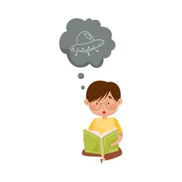 Interested Boy Reading Book and Dreaming about Space Ship Vector Illustration 库存插图