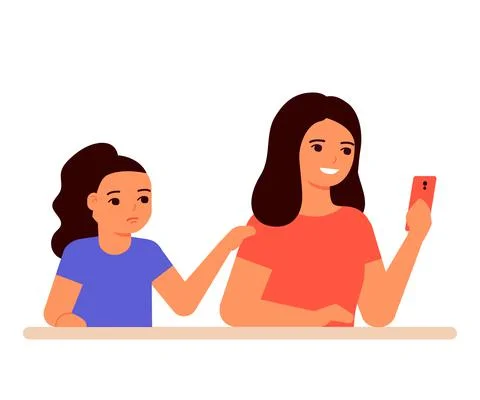 Interested mother using in smartphone and ignore child girl. Sad daughter asks Stock Illustration