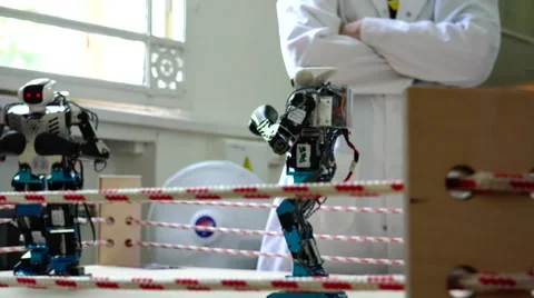 Interesting boxing match between robots. New technologies. New technologies. Stock Footage 52361518