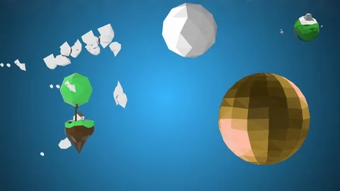 Interesting cartoon, low-poly objects, rotating over blue background, looking as Stock Footage 125646063