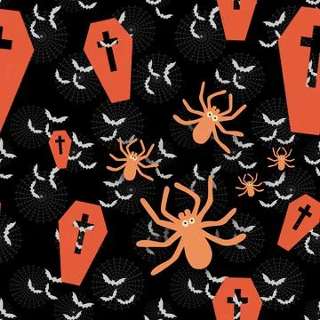 An interesting Halloween seamless pattern with cute spiders, coffins, bats, a Illustrazione stock