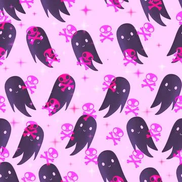 An interesting Halloween seamless pattern with ghost icons, dead skulls, and  Stock Illustration