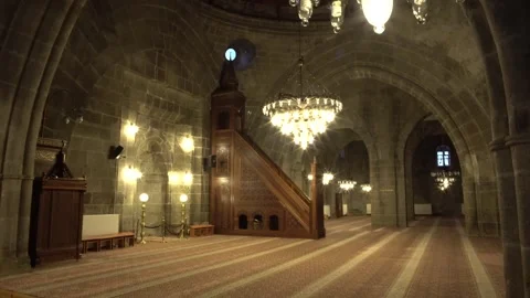 Interesting interior of a mosque and a big chandelier Stock Footage 241705274