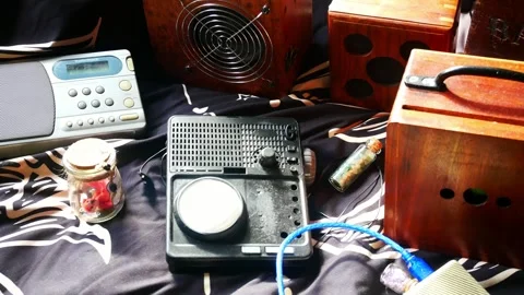 Interesting modern collection of paranormal ghost box EVP communication Stock Footage 247681842