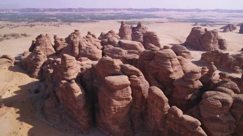 Interesting rock formation, Al Ula, Saudi Arabia, Aerial, 4K Stock Footage 196812596