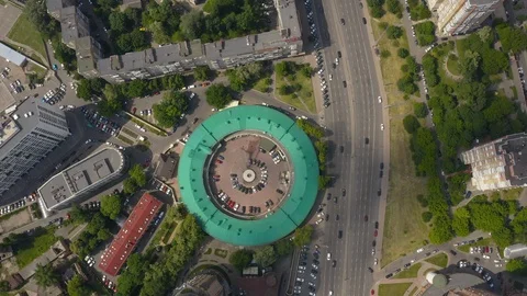 Interesting round shape of the building with a green roof Stock Footage 126160036